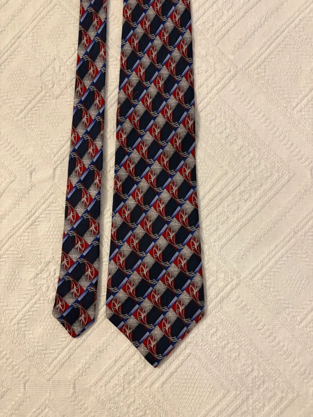Vintage Richel Handmade Silk Tie Geometric Art Deco Navy Red Silver TMB Men's Ne